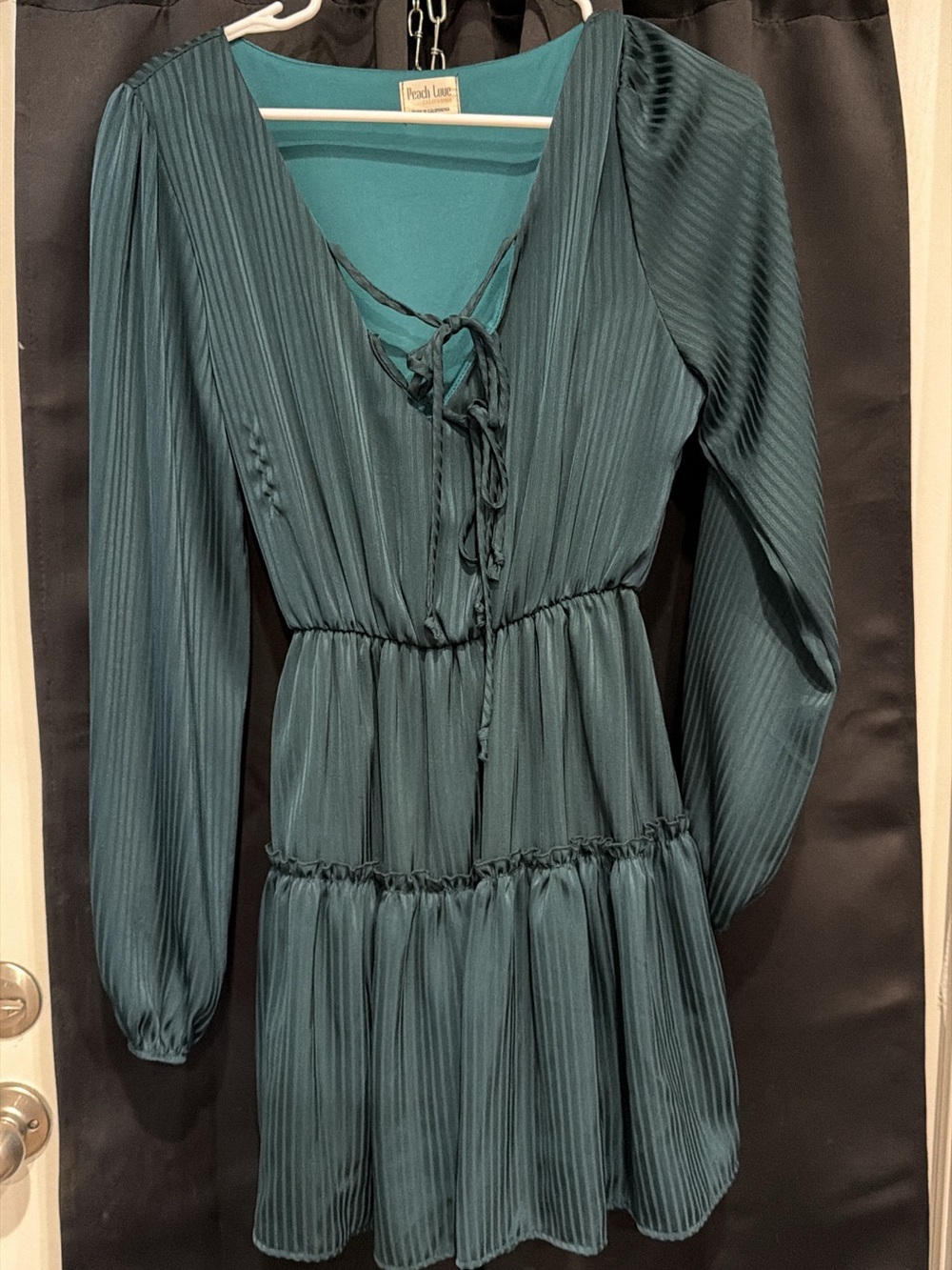 Peach Love California Teal Pleated Long-Sleeve Tie-Front Mini Dress